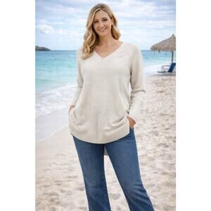 T By Talbots Ivory Ribbed V-Neck Knit Pullover Tunic Sweater Size Large Large L